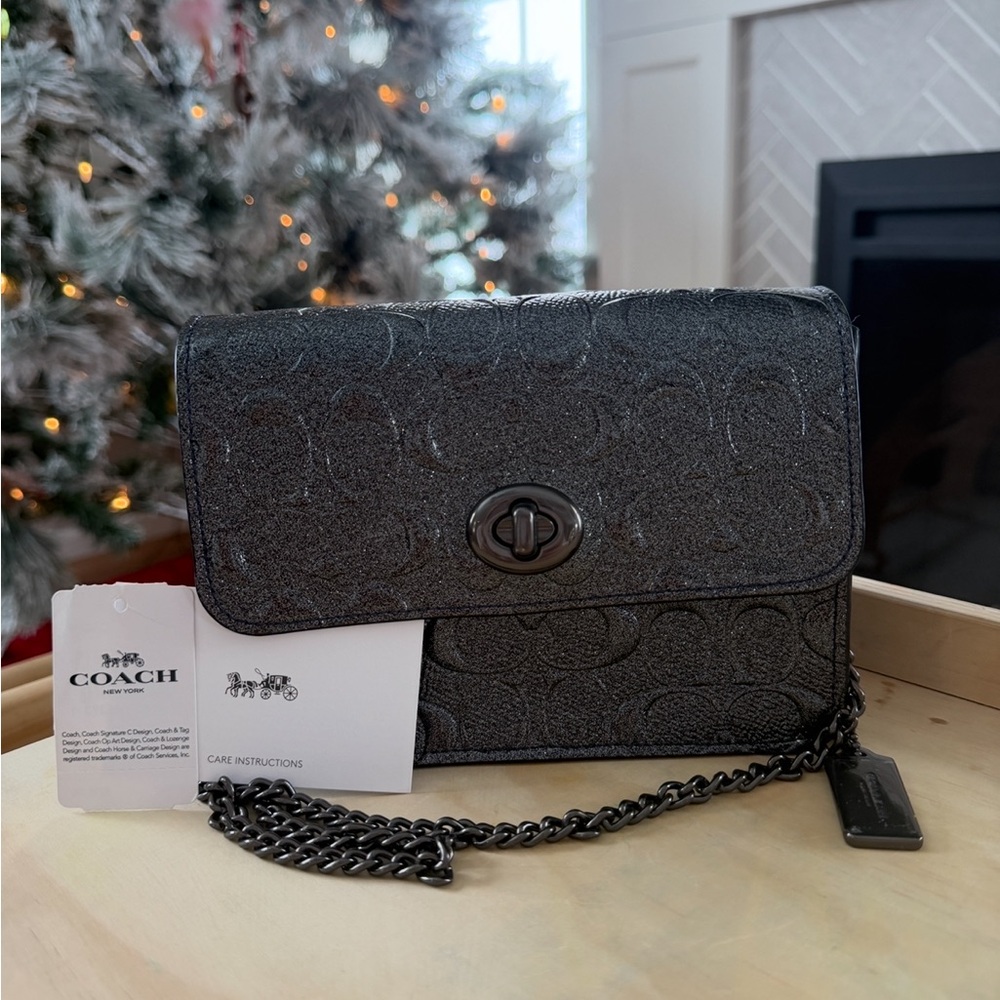 NWT Coach Bowery Mini Metallic Charcoal/Silver Crossbody Bag